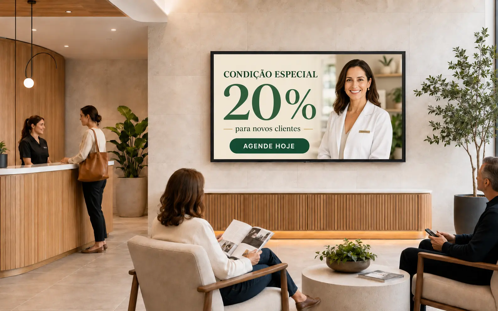 Pessoas em uma recepção clara observando na TV uma campanha com condição especial